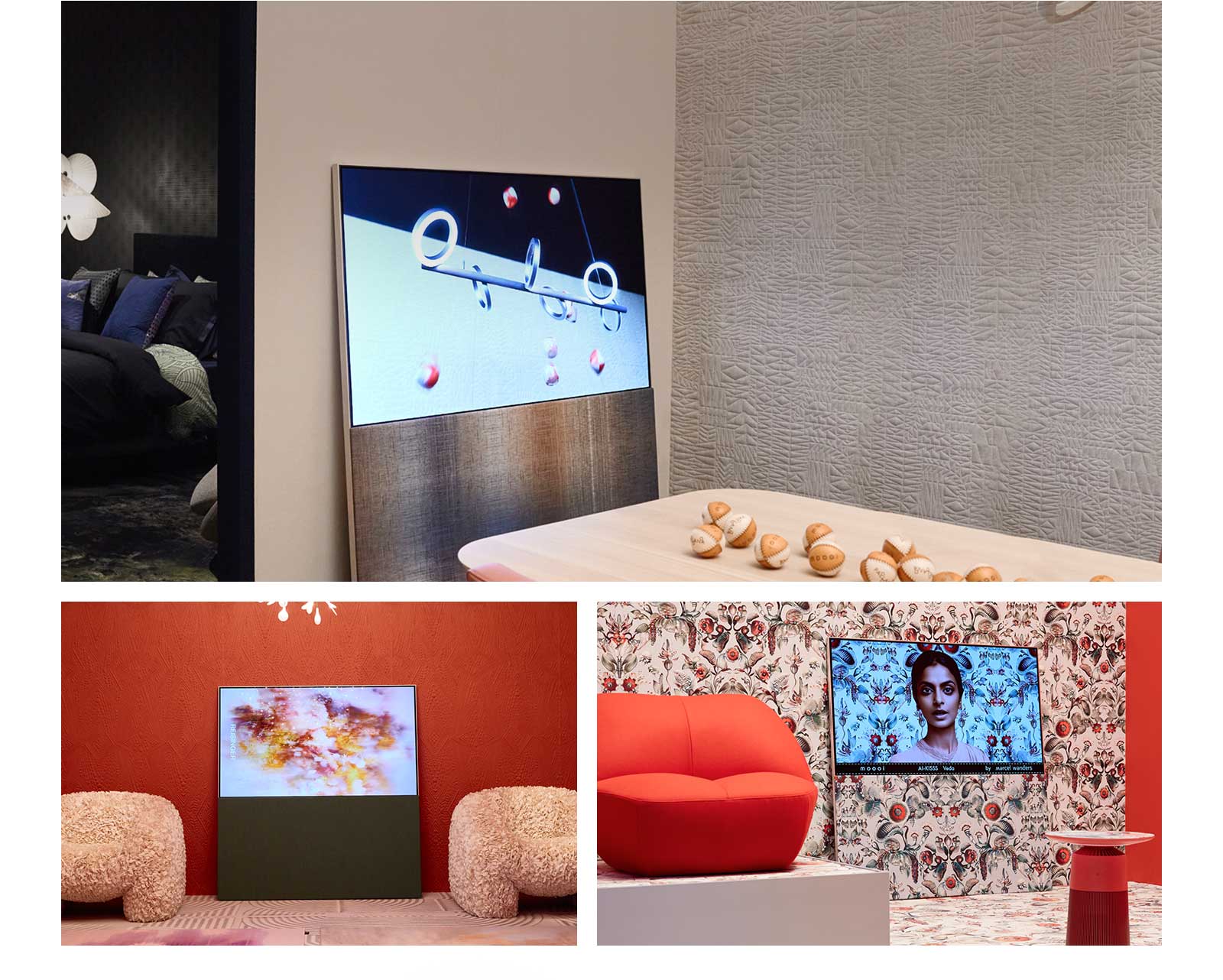 The top image shows Easel leaning against a wall in a neutral-colored room showing an abstract artwork featuring baseballs on the screen. Across from the TV sits a wooden table that also has baseballs on it. The bottom right image shows Easel leaning against a bright floral patterned wall with a red and green color scheme. A picture of a woman against the same background as the surrounding wall is on the screen. The fabric textured stand also has the same pattern. Beside the TV, there is a red one-person sofa. The bottom left image shows Easel leaning against a textured terracotta-colored wall. An abstract red, orange, and purple image fills the screen. On either side of the TV, there are beige, textured one-person sofas.