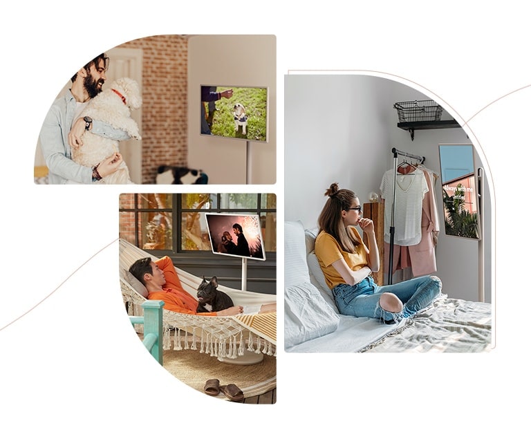 Three collage of lifestyle images of different people watching TV happily during their downtime.