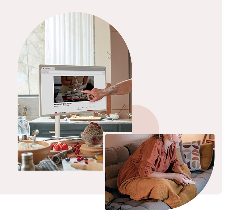 One image on the left shows the close up of a TV placed in kitchen – a man is touching the screen while cooking. Another image on right shows a woman watching TV with holding remote control in her hands.