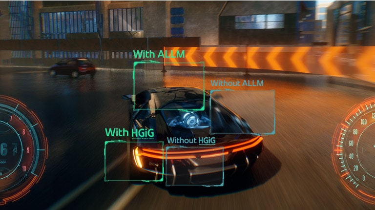A still from a racing game showing the enhanced image quality provided by HGIG and ALLM compared to the image without.