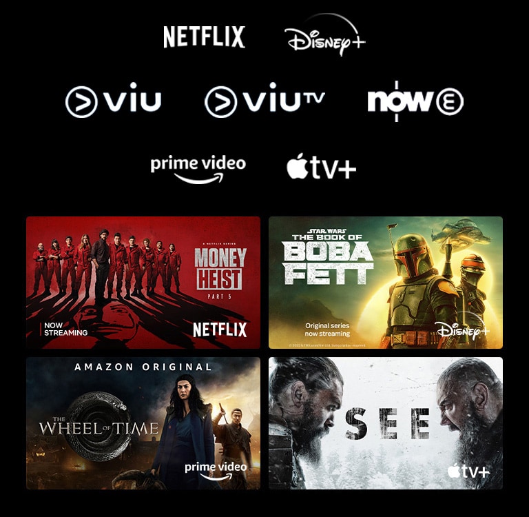 A poster of Money Heist from Netflix, The Book of Boba Fett from Disney Plus, The Wheel of Time from Prime Video, and See from Apple TV Plus.
