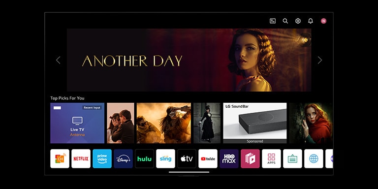 A TV screen shows content recommended by LG ThinQ.