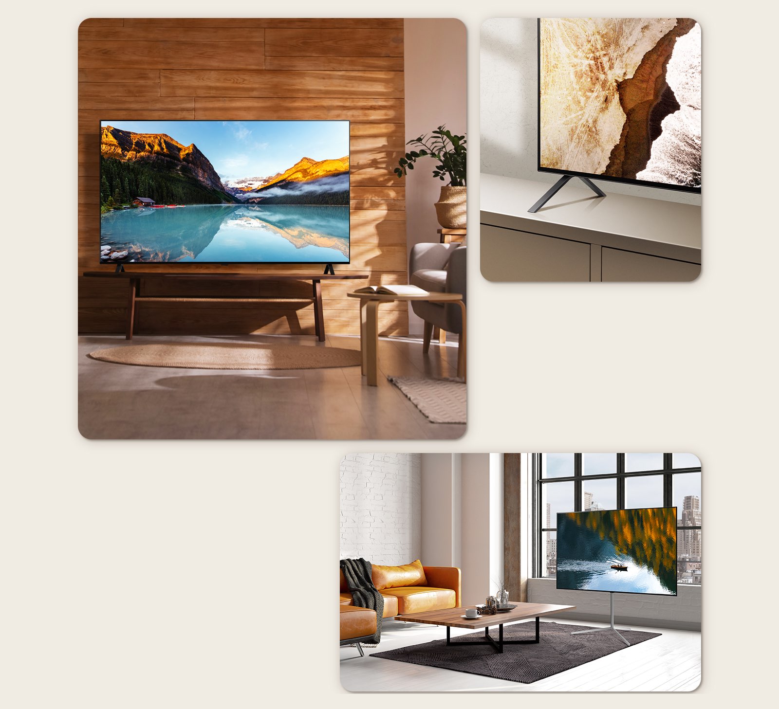 An image of LG OLED A3 on a TV stand in front of a wooden wall. The bottom corner of LG OLED A3's base stand. LG OLED A3 on a Floor Stand in front of a window overlooking the city.