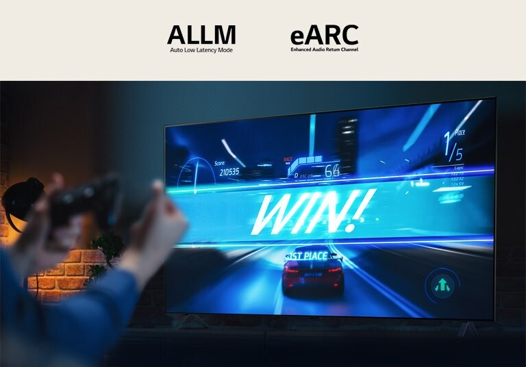 An image of a person using a controller to play a racing game on LG OLED A3.