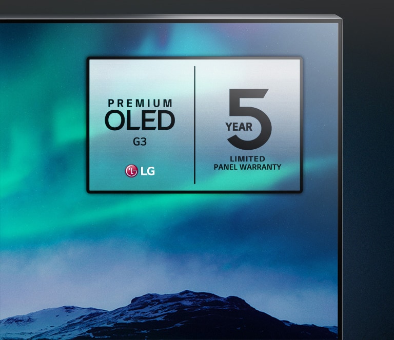 An image of the Northern Lights is displayed on an LG OLED TV. The top corner of the TV is shown against a black background, where a sky-like gradiation continues. The 5-year panel warranty logo is also displayed on the TV screen.