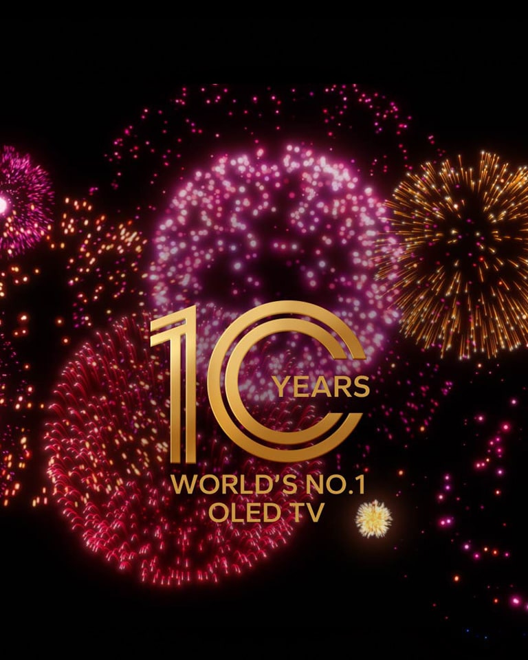 A video shows the 10 Years World's No.1 OLED TV emblem appear gradually against a black backdrop with purple, pink, and orange fireworks.