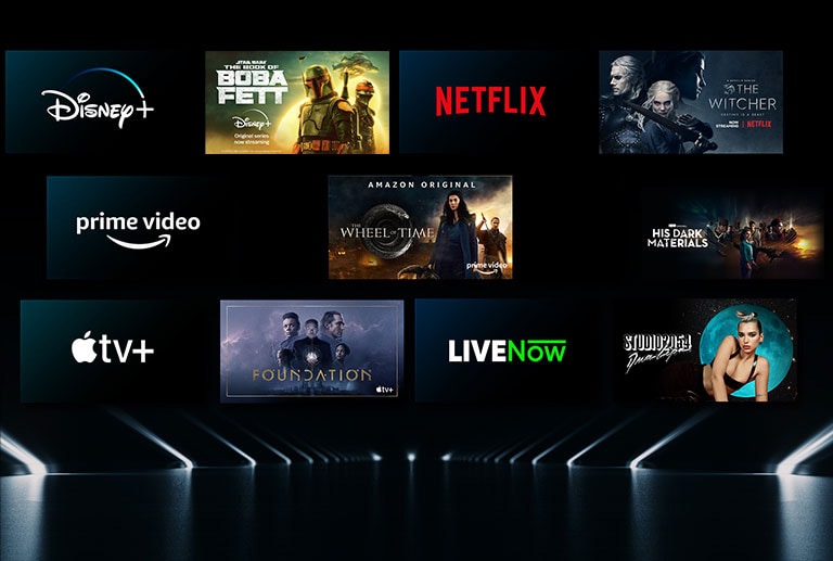 Image showing a variety of OTT services with their respective shows beside each logo.
