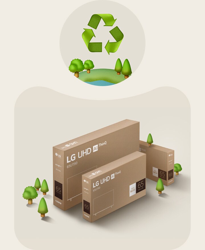 LG UHD packaging against a beige background with illustrated trees.