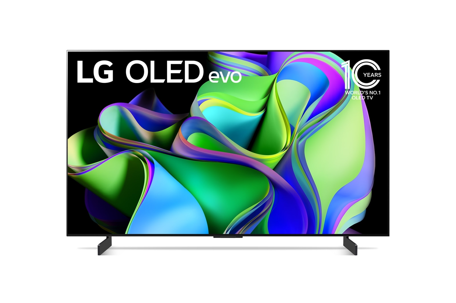 Front view with LG OLED evo and 10 Years World No.1 OLED Emblem on screen, as well as the Soundbar below. 