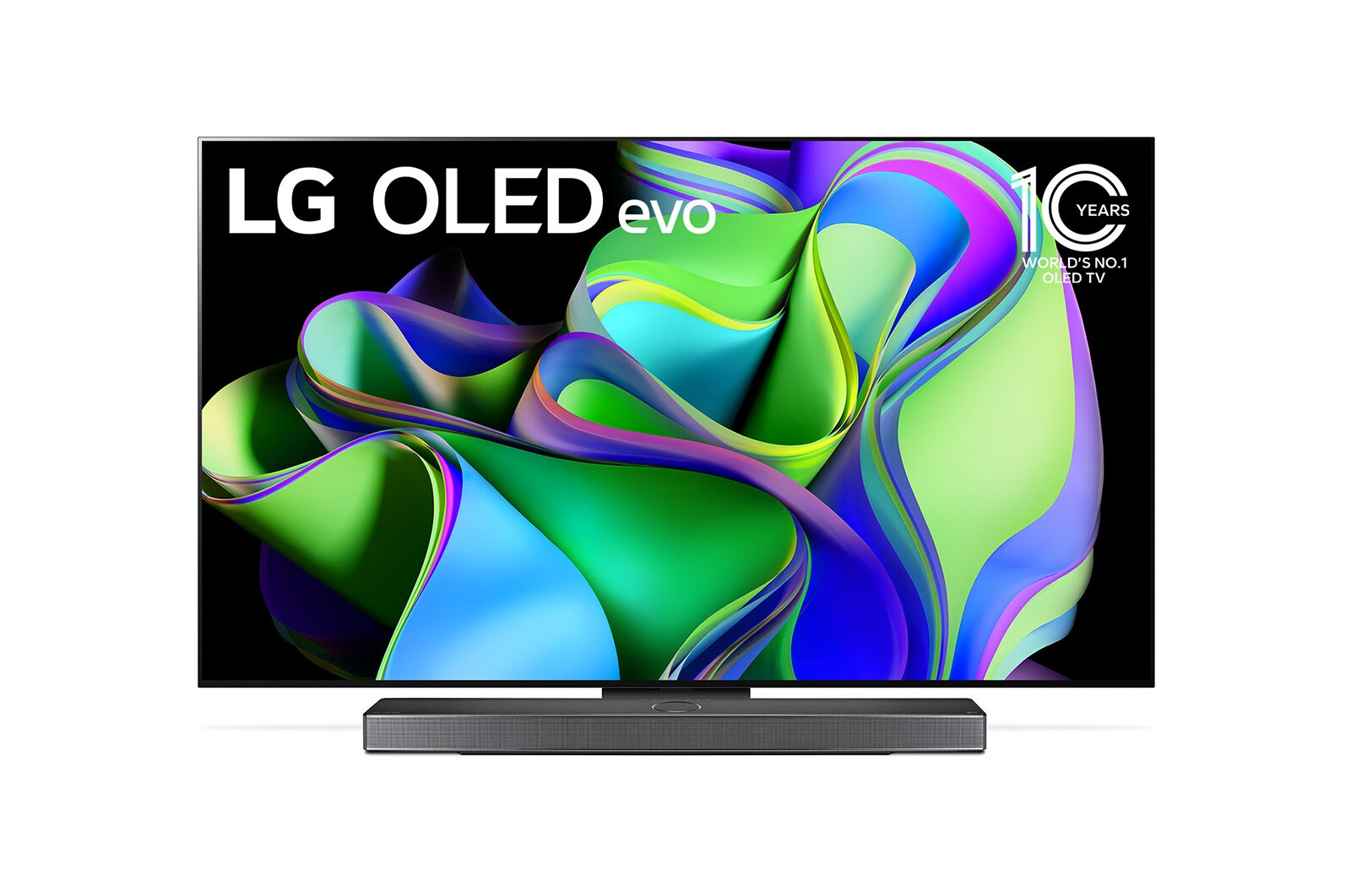 Front view with LG OLED evo and 10 Years World No.1 OLED Emblem on screen, as well as the Soundbar below. 
