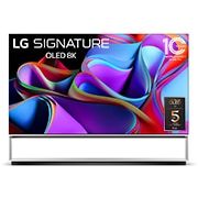 Front view with LG OLED evo and 10 Years World No.1 OLED Emblem on screen, as well as the Soundbar below. 