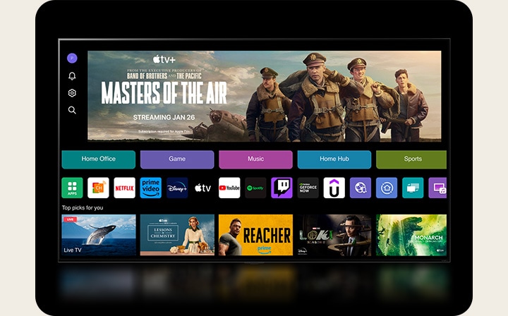 webOS 24 home screen with Home Office, Game, Music, Home Hub, and Sports Categories. The bottom of the screen shows personalized recommendations under "Top picks for you."	  