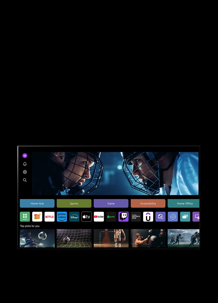 An LG TV screen shows the My Profile display. In the top third, a banner for Tangible Wonders. Below the banner, the following buttons are displayed: Home Hub, Sports, Game, Accessibility, Home Office. Below the buttons, the following logos are displayed: LG Channels, Netflix, Prime Video, Disney+, Apple TV, YouTube, Spotify, Twitch, GeForce Now, and Udemy. Below the logos, 5 movie thumbnails are displayed under the text "Top picks for you". A cursor clicks on the initial 'S' in the top left corner. An LG Account drop-down menu opens and five names are displayed. The cursor clicks the second name as thumbnails and recommended contents on screen change.