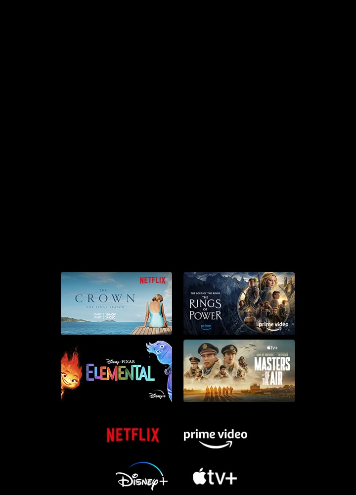 Four thumbnails of movies and TV shows are displayed and the logos of Netflix, Prime Video, Disney+, and Apple TV+ are below.