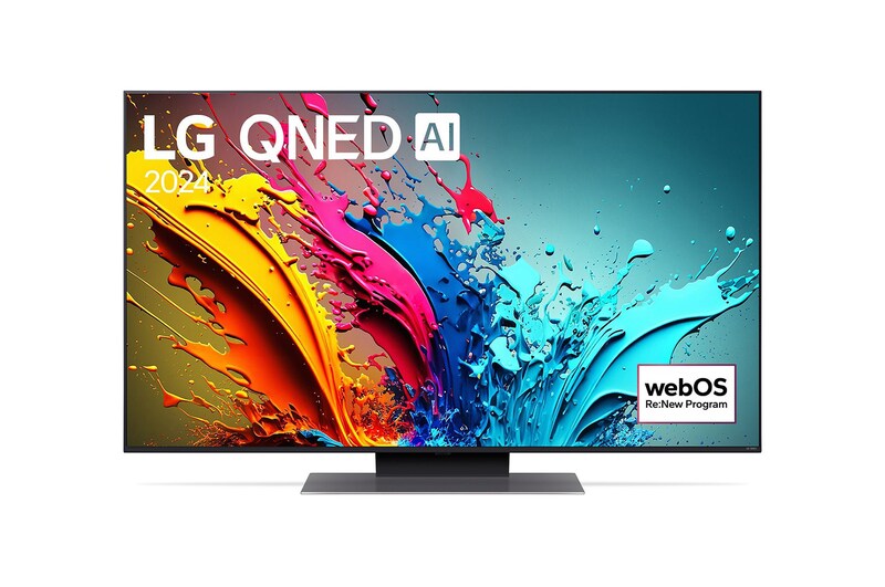 Front view of  LG QNED86 4K Smart TV with text of LG QNED, 2024, and webOS Re:New Program logo on screen