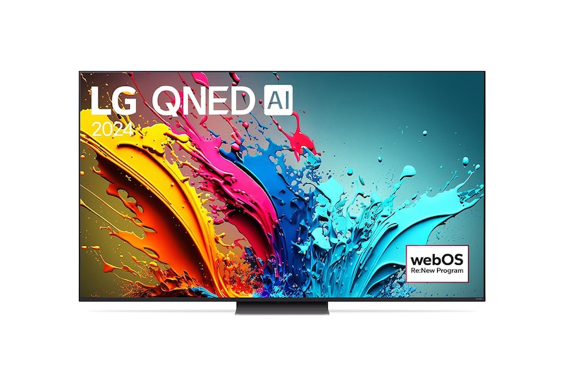 Front view of LG QNED86 4K Smart TV with text of LG QNED, 2024, and webOS Re:New Program logo on screen