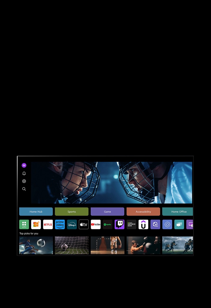 An LG TV screen shows the My Profile display. In the top third, a banner for Tangible Wonders. Below the banner, the following buttons are displayed: Home Hub, Sports, Game, Accessibility, Home Office. Below the buttons, the following logos are displayed: LG Channels, Netflix, Prime Video, Disney+, Apple TV, YouTube, Spotify, Twitch, GeForce Now, and Udemy. Below the logos, 5 movie thumbnails are displayed under the text "Top picks for you". A cursor clicks on the initial 'S' in the top left corner. An LG Account drop-down menu opens and five names are displayed. The cursor clicks the second name as thumbnails and recommended contents on screen change.
