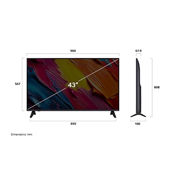 Front view and side view of LG QNED AI QNED70 4K Smart TV showing its length, width, height, and depth dimensions.