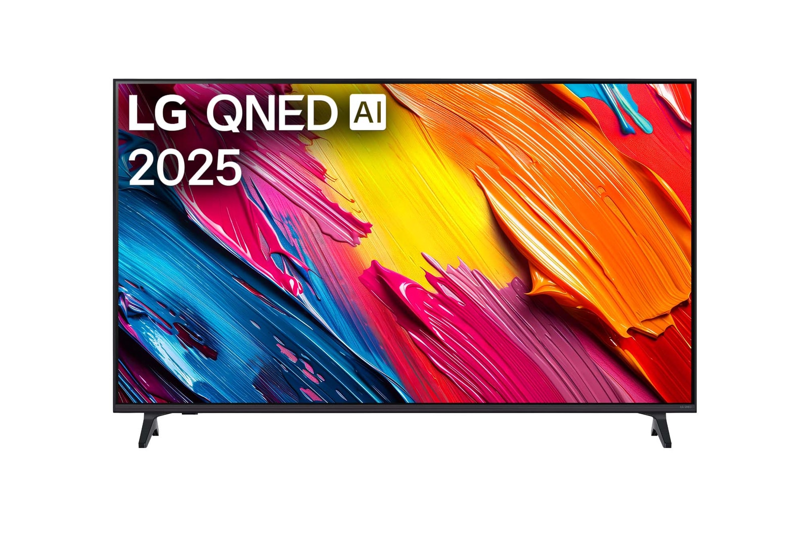 Front view of LG QNED70 TV, LG QNED Al Logo on the top corner. LG QNED TV depicts colorful paintike textures coming together.