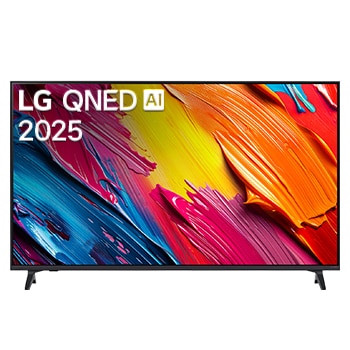 Front view of LG QNED70 TV, LG QNED Al Logo on the top corner. LG QNED TV depicts colorful paintike textures coming together.