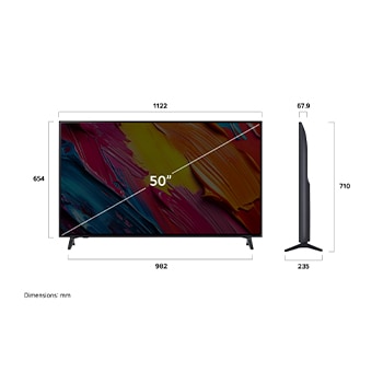 Front view and side view of LG QNED AI QNED70 4K Smart TV showing its length, width, height, and depth dimensions.