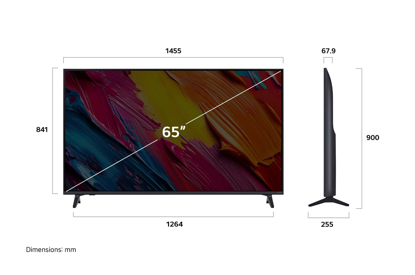 Front view and side view of LG QNED AI QNED70 4K Smart TV showing its length, width, height, and depth dimensions.