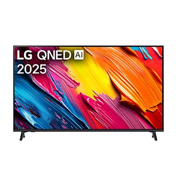 Front view of LG QNED70 TV, LG QNED Al Logo on the top corner. LG QNED TV depicts colorful paintike textures coming together.