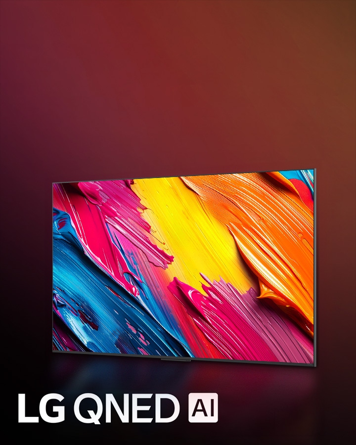 LG QNED TV against a colorful dark background. On the screen is a bright and colorful artwork that showcases QNED's color technology and ability to display a wide spectrum of hues with great contrast. LG QNED AI logo is visible. Title reads, Every Color Redefined with Dynamic QNED Color.