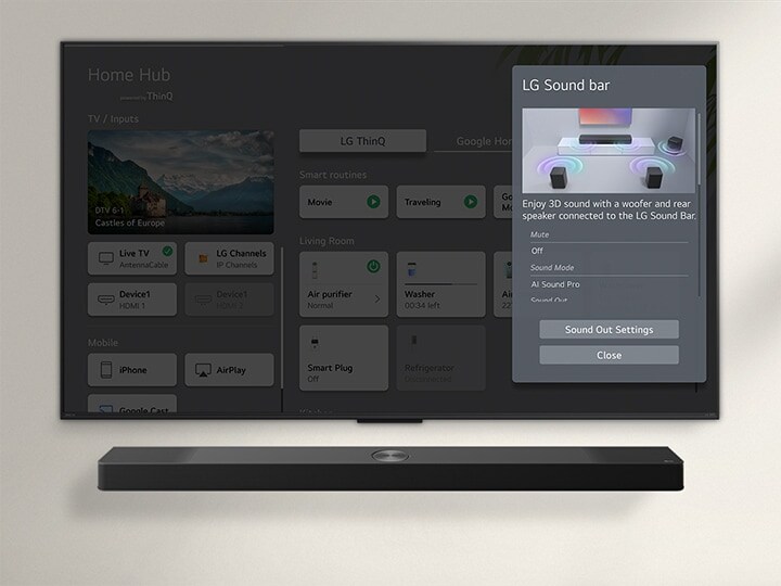 LG Soundbar is below an LG QNED TV. On the TV screen is the UI for the soundbar and TV volume controls.