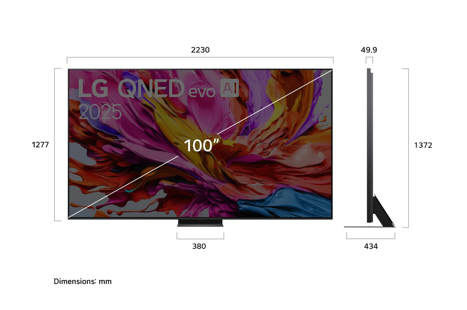 Front view and side view of LG QNED evo AI QNED86 4K Smart TV showing its length, width, height, and depth dimensions.