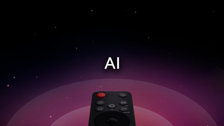 LG AI Magic Remote against an abstract background. The AI button is highlighted. There is a graphic UI representation with icons of how the AI button allows users to access different AI functionality. The services include AI Voice ID, AI Search, AI Chatbot, AI Concierge, AI Picture Wizard, and AI Sound Wizard. The mouse-like functionality is then showcased as the cursor appears over an interface, showing how the remote offers simplified controls.