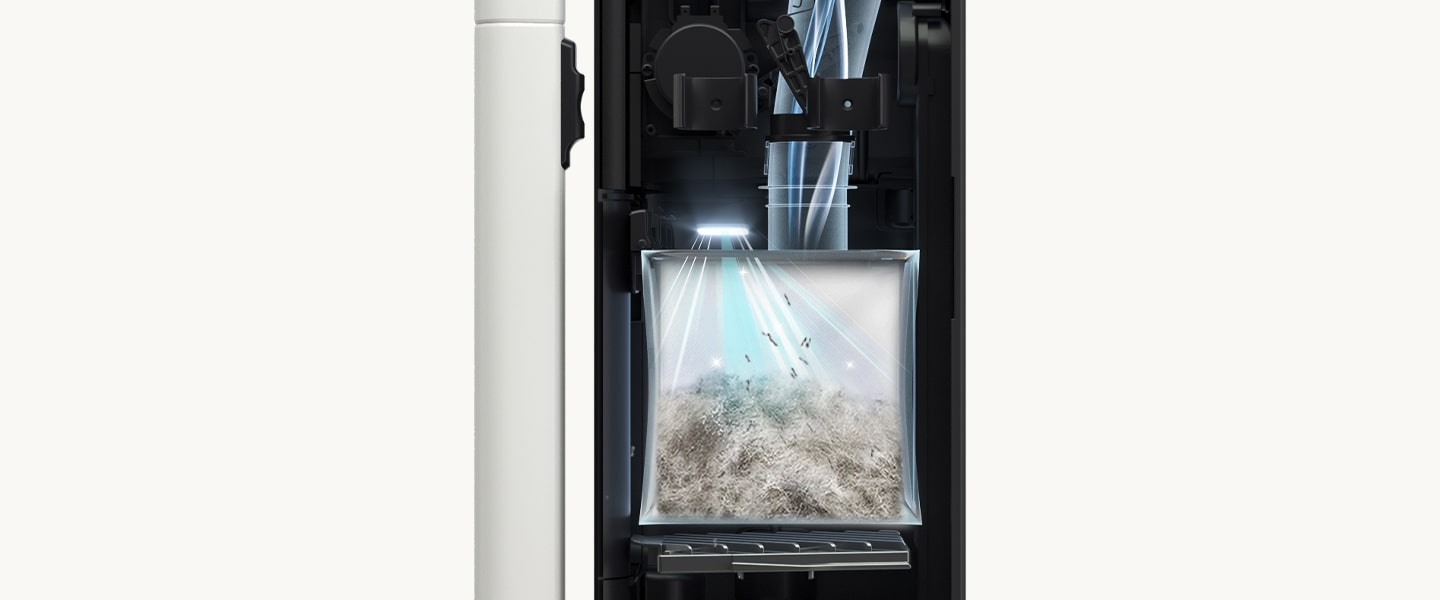 The graphic image shows the working shape of the UVC LED and where it is located inside the vacuum cleaner.