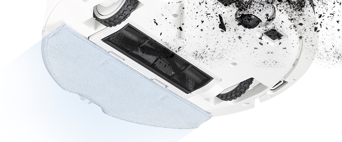 Image depicting a robot vacuum suctioning dust and simultaneously mopping from below.