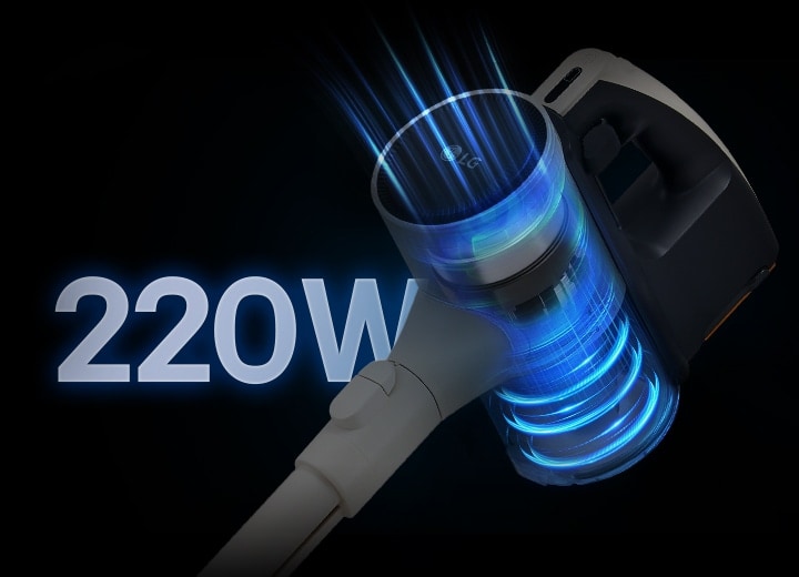 LG a9l-core vacuum with 220W suction power, visualized by blue airflow for high-performance cleaning.