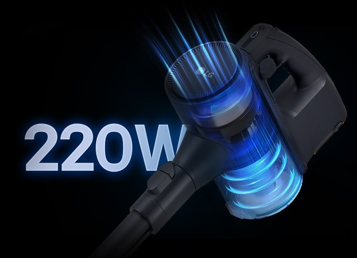 LG a9k-legend3 vacuum with 220W suction power, visualized by blue airflow for high-performance cleaning.