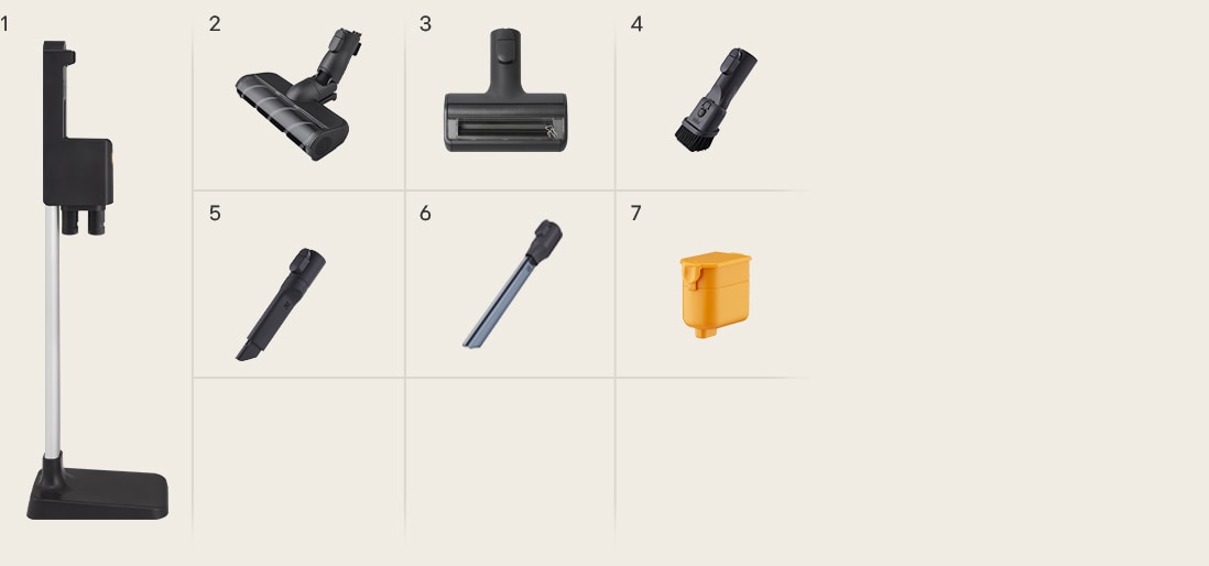 LG vacuum with included accessories: various nozzles, tools, mop pads, extension hose, and single battery.