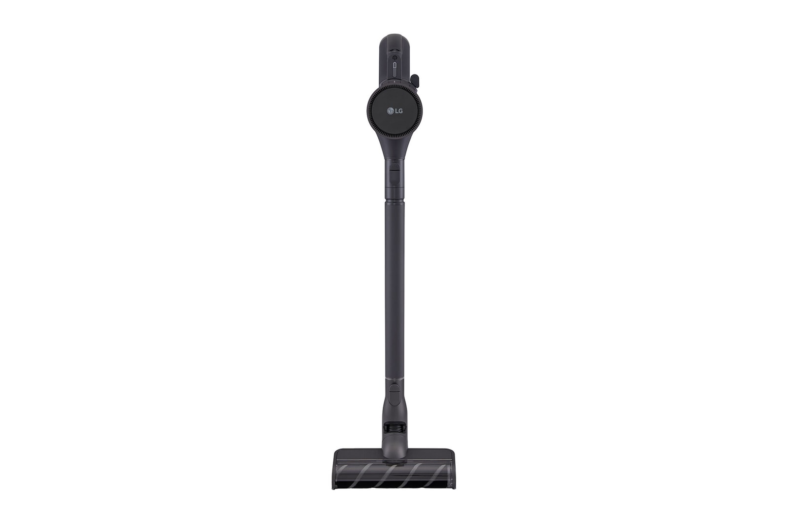 Kompressor™ Technology. Hand operating the kompressor to release lever on the LG A9L-MAX vacuum to empty collected debris efficiently.