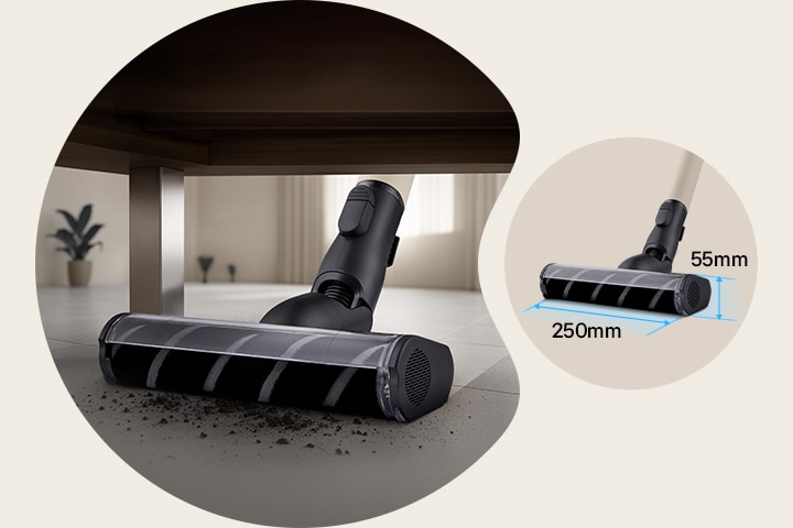 LG slim nozzle cleaning under low furniture, with 55mm height, 250mm width for easy access to tight spaces.