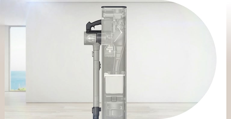 The graphic animation shows how dust is automatically emptied when connected to the docking station.