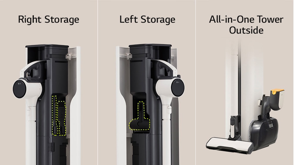 It shows the right storage space, the left storage space, and the wet mop attached to the outside of the vacuum cleaner.