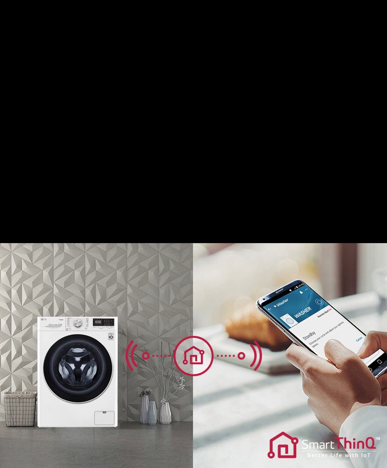 LG washer on the left connected to a smartphone on the right using the SmartThinQ app for remote control and monitoring.
