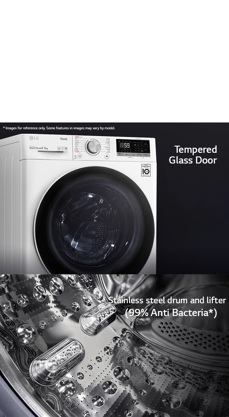 LG front-load washer, 8kg capacity, tempered glass door, stainless steel drum with 99% antibacterial properties.
