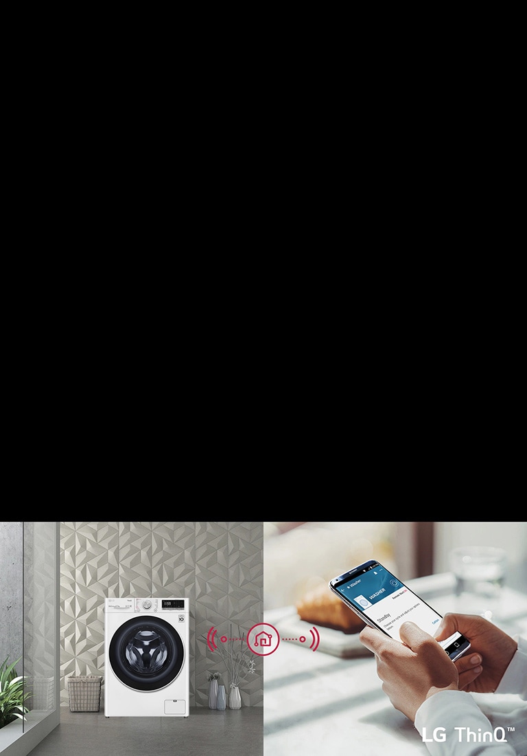 LG ThinQ washing machine in a modern laundry room with patterned walls, being operated remotely via a smartphone app.