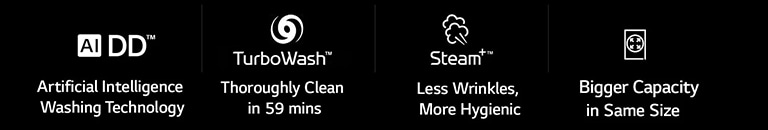 LG washing machine features AI DD, TurboWash cleans in 59 mins, Steam reduces wrinkles, and larger capacity in same size.