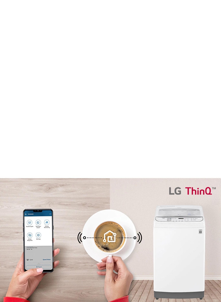  Smartphone with LG ThinQ app on left, coffee cup in center, washer on right, showing ease of use for smart home integration.