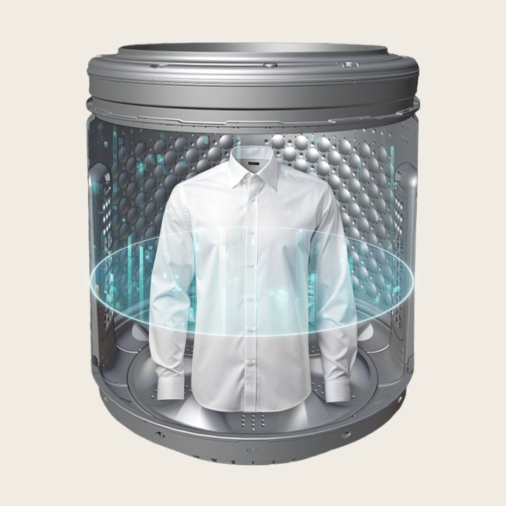 Pressing the AI Wash button detecting the fabrics inside the drum and automatically adjusts the wash time and cycle accordingly.	