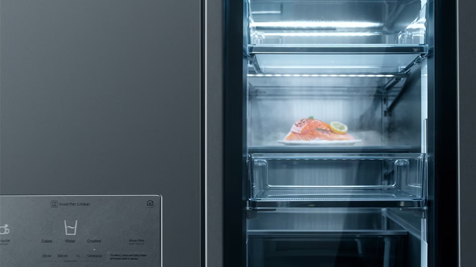 Fresh food is laid on the shelf inside of LG SIGNATUR Refrigerator InstaView.