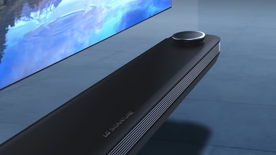 Close shot of LG SIGNATURE OLED TV W soundbar.