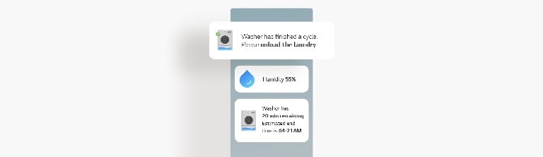 Image shows a screen displaying status updates of the washer in the LG ThinQ app.