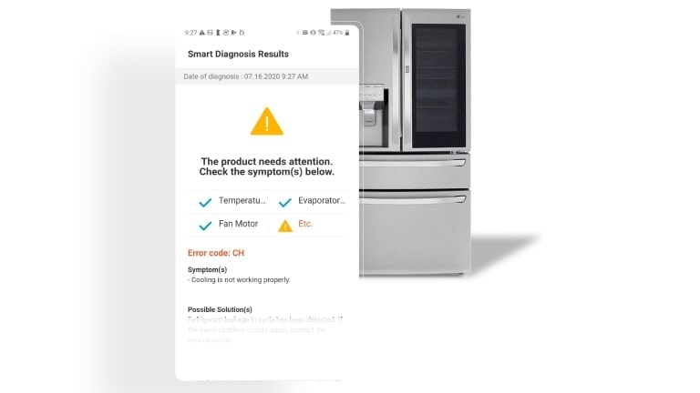Image shows the LG ThinQ app's diagnosis screen next to a refrigerator.